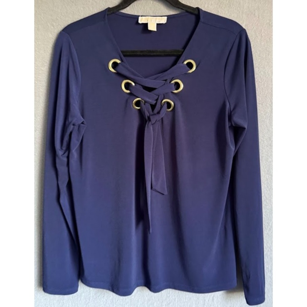 MICHAEL KORS Top Women Medium Blue‎ Lance Up Long Sleeve Gold Grommets V Neck